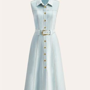 Commense NEW! Belted Button Front DenimBlue Sleeveless Gold Button Midi Dress